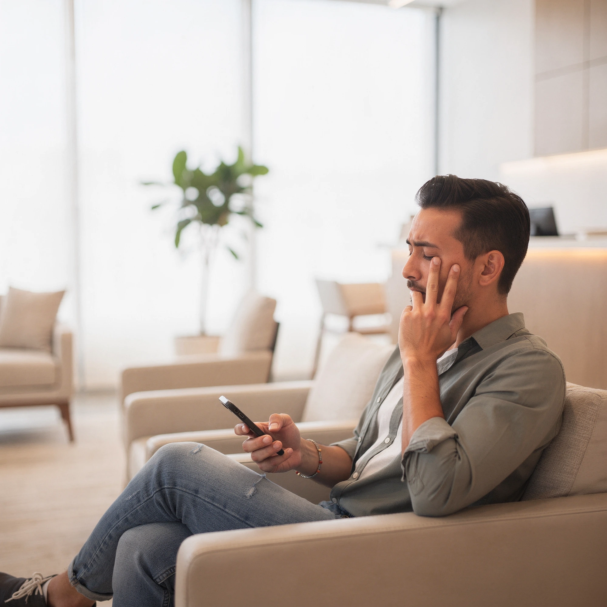 Man sitting on a couch holding his cheek in pain while looking at his phone in a modern waiting room